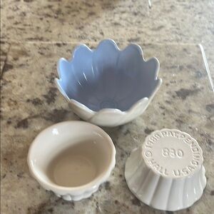 Anchor Hocking blue milk glass Bowl and a Set of small 1988 Hall Ramekins